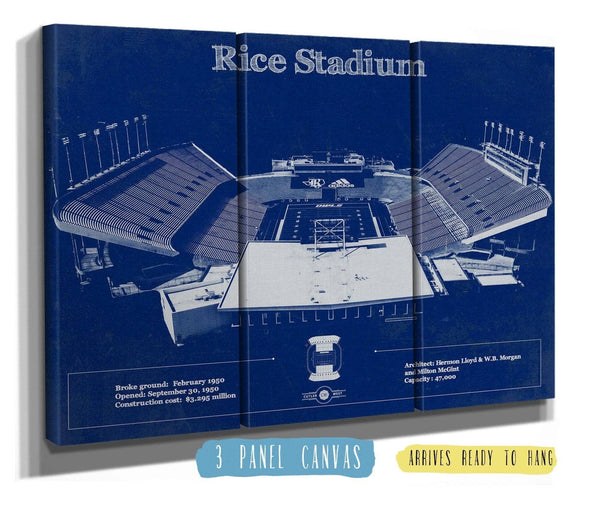 36" x 24" / 3 Panel Canvas Wrap Cutler West Rice Owls Wall Art - Vintage Rice Stadium Blueprint Art Print