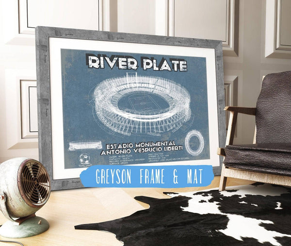14" x 11" / Greyson Frame & Mat Cutler West River Plate Estadio Monumental Antonio Vespucio Liberti Blueprint Soccer Print