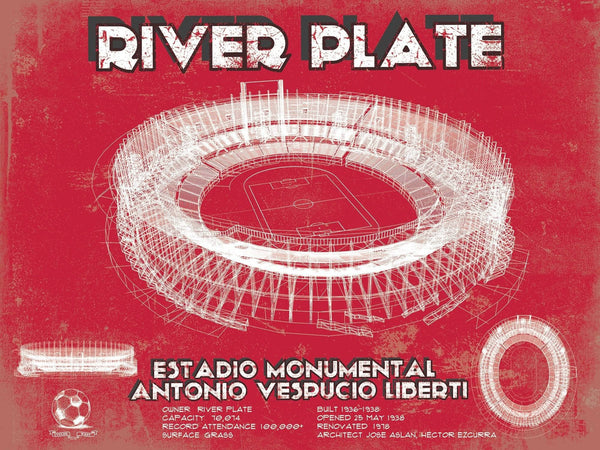 14" x 11" / Unframed Cutler West River Plate Estadio Monumental Antonio Vespucio Liberti Team Color Blueprint Soccer Print