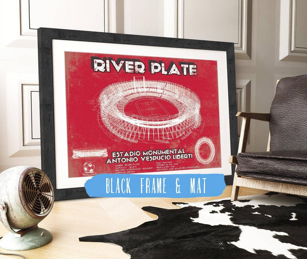 20" x 16" / Black Frame & Mat Cutler West River Plate Estadio Monumental Antonio Vespucio Liberti Team Color Blueprint Soccer Print