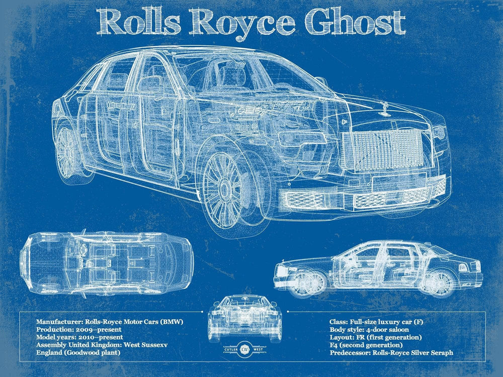 14" x 11" / Stretched Canvas Wrap Cutler West Rolls Royce Ghost 2018 Vintage Blueprint Auto Print