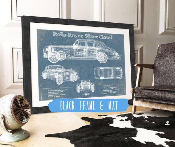 20" x 16" / Black Frame & Mat Cutler West Rolls Royce Silver Cloud Vintage Blueprint Auto Print