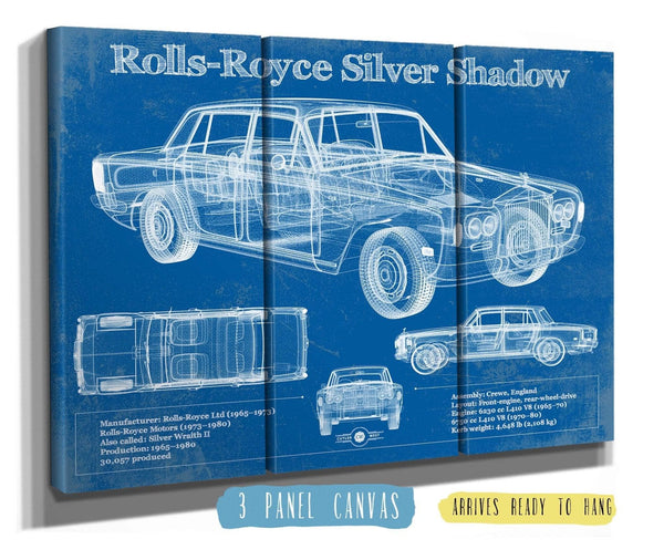 36" x 24" / 3 Panel Canvas Wrap Cutler West Rolls Royce Silver Shadow Vintage Blueprint Auto Print
