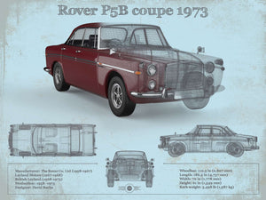 14" x 11" / Unframed Cutler West Rover P5b Coupe 1973 (Bordeaux Red) Blueprint Vintage Auto Print