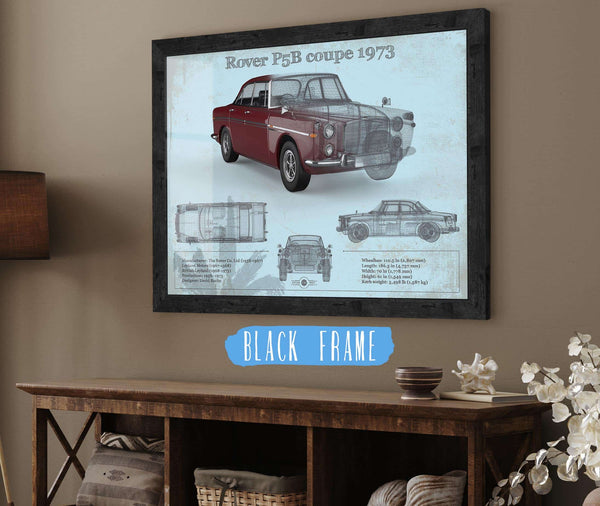 20" x 16" / Black Frame Cutler West Rover P5b Coupe 1973 (Bordeaux Red) Blueprint Vintage Auto Print
