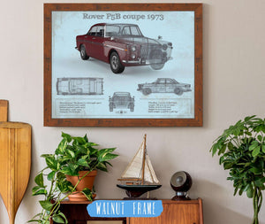 20" x 16" / Walnut Frame Cutler West Rover P5b Coupe 1973 (Bordeaux Red) Blueprint Vintage Auto Print