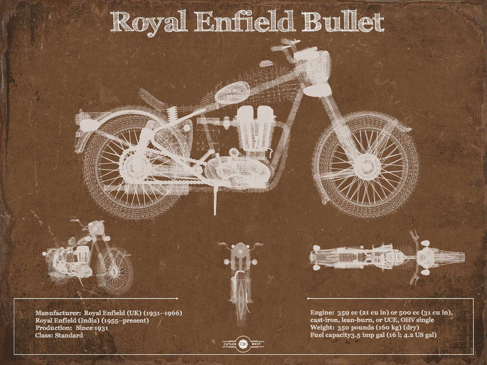 14" x 11" / Stretched Canvas Wrap Cutler West Royal Enfield Bullet Blueprint Motorcycle Patent Print
