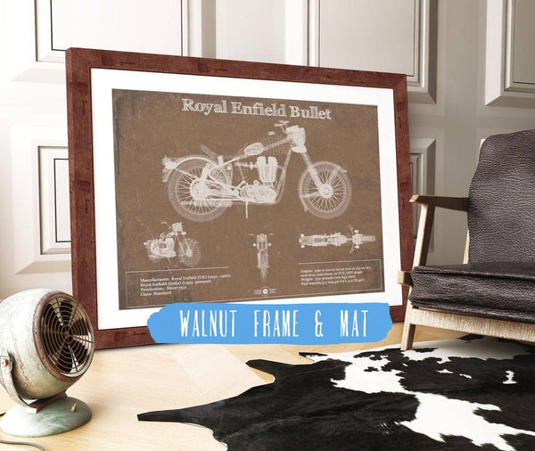 20" x 16" / Walnut Frame & Mat Cutler West Royal Enfield Bullet Blueprint Motorcycle Patent Print