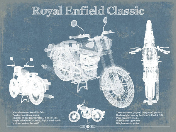 14" x 11" / Unframed Cutler West Royal Enfield Classis 350 And 500 Blueprint Motorcycle Patent Print