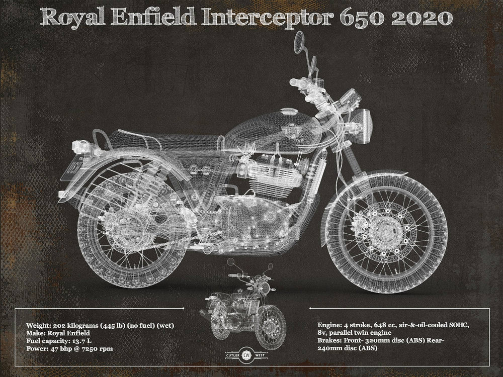14" x 11" / Stretched Canvas Wrap Cutler West Royal Enfield Interceptor 650 2020 Blueprint Motorcycle Patent Print