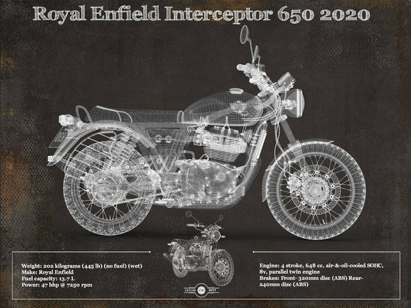 14" x 11" / Unframed Cutler West Royal Enfield Interceptor 650 2020 Blueprint Motorcycle Patent Print