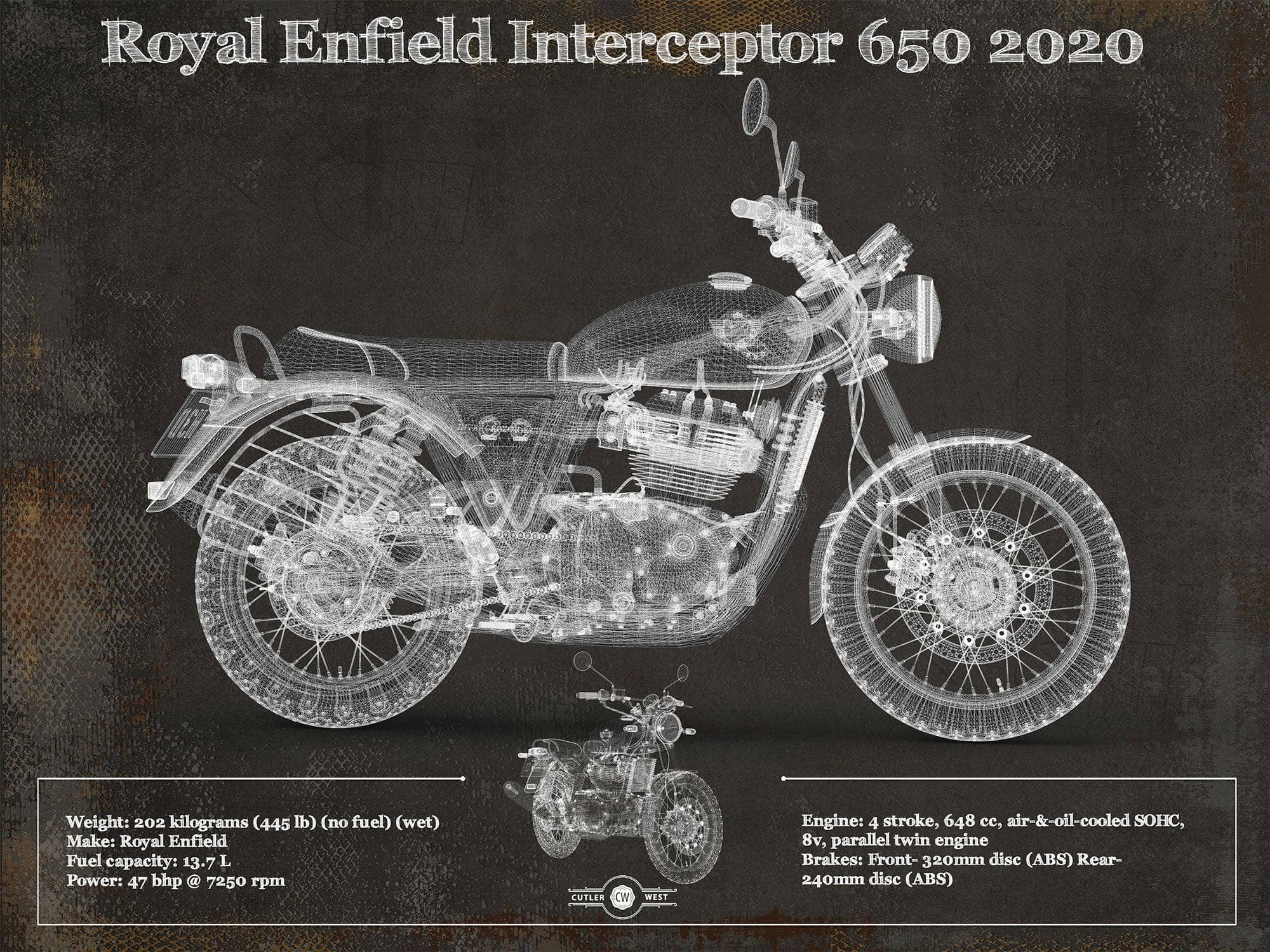 Cutler West 14" x 11" / Unframed Royal Enfield Interceptor 650 2020 Blueprint Motorcycle Patent Print 845000206_26446