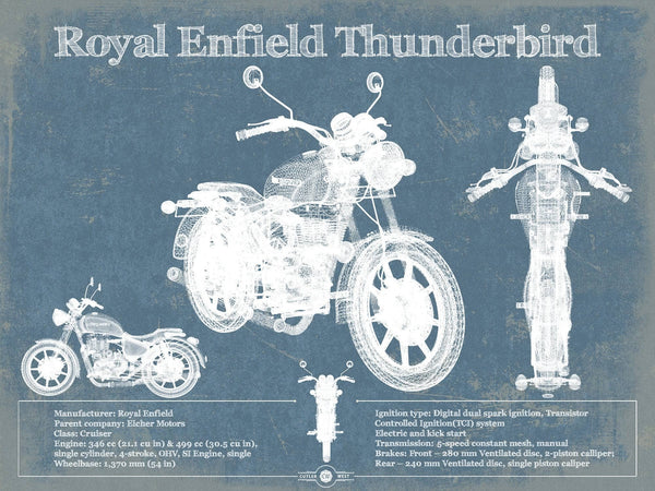 14" x 11" / Unframed Cutler West Royal Enfield Thunderbird Blueprint Motorcycle Patent Print