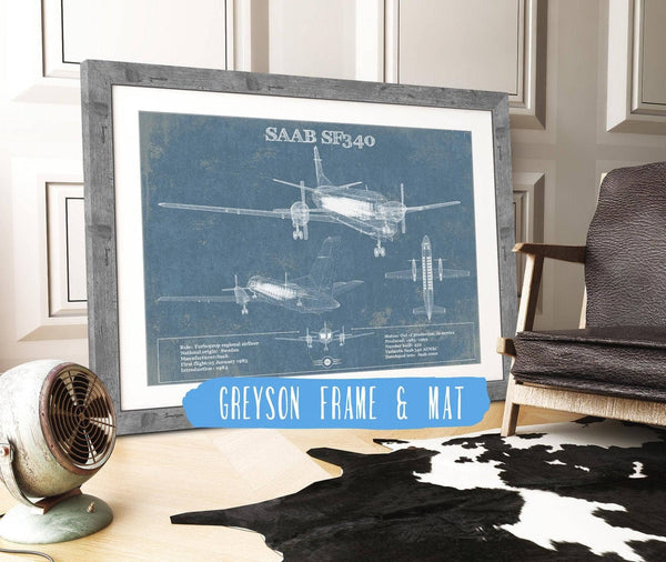 14" x 11" / Greyson Frame & Mat Cutler West Saab 340 Turboprop Original Blueprint Art