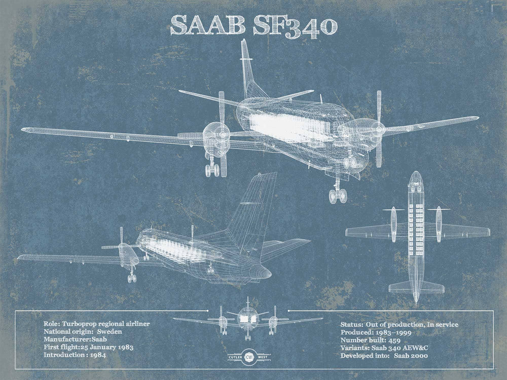 14" x 11" / Stretched Canvas Wrap Cutler West Saab 340 Turboprop Original Blueprint Art