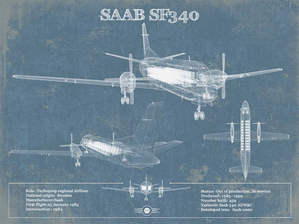 14" x 11" / Unframed Cutler West Saab 340 Turboprop Original Blueprint Art