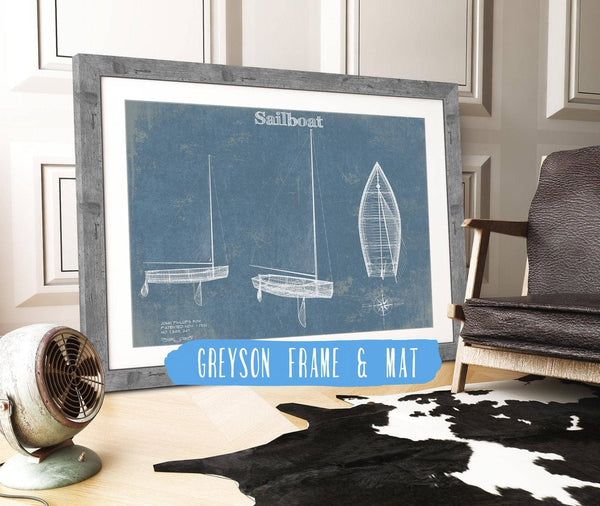 14" x 11" / Greyson Frame & Mat Cutler West Sail Boat Blueprint - Patent of Sailing Vessel Print