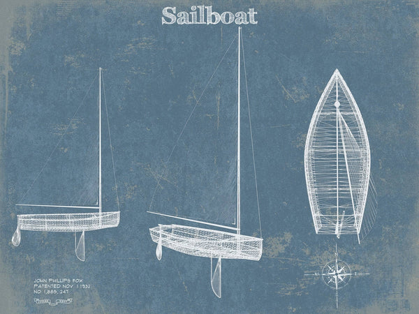 14" x 11" / Unframed Cutler West Sail Boat Blueprint - Patent of Sailing Vessel Print