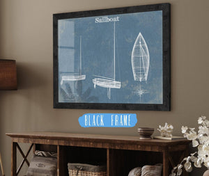 20" x 16" / Black Frame Cutler West Sail Boat Blueprint - Patent of Sailing Vessel Print