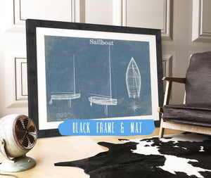 20" x 16" / Black Frame & Mat Cutler West Sail Boat Blueprint - Patent of Sailing Vessel Print