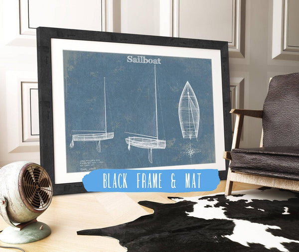 20" x 16" / Black Frame & Mat Cutler West Sail Boat Blueprint - Patent of Sailing Vessel Print