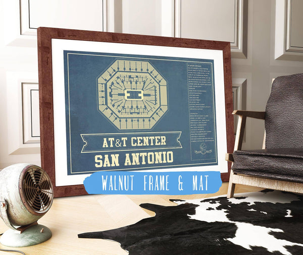 14" x 11" / Walnut Frame Mat Cutler West San Antonio Spurs - AT&T Center Vintage Basketball Blueprint NBA