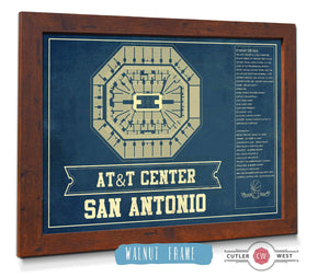 20" x 16" / Walnut Frame Cutler West San Antonio Spurs - AT&T Center Vintage Basketball Blueprint NBA