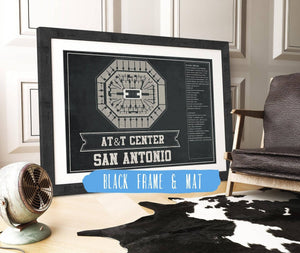 14" x 11" / Black Frame Mat Cutler West San Antonio Spurs - AT&T Center Vintage Basketball Blueprint NBA Team Color Print