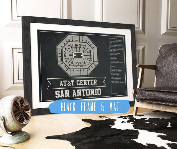 14" x 11" / Black Frame Mat Cutler West San Antonio Spurs - AT&T Center Vintage Basketball Blueprint NBA Team Color Print