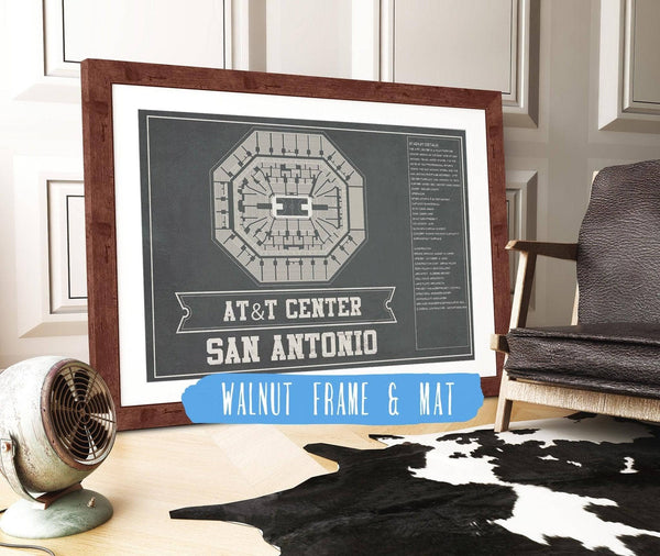 14" x 11" / Walnut Frame Mat Cutler West San Antonio Spurs - AT&T Center Vintage Basketball Blueprint NBA Team Color Print