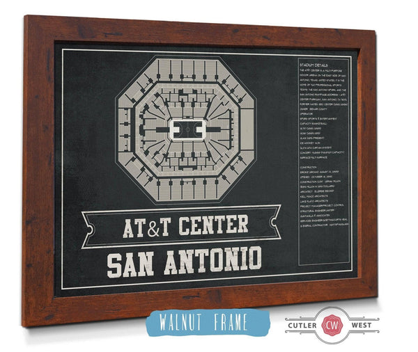 20" x 16" / Walnut Frame Cutler West San Antonio Spurs - AT&T Center Vintage Basketball Blueprint NBA Team Color Print