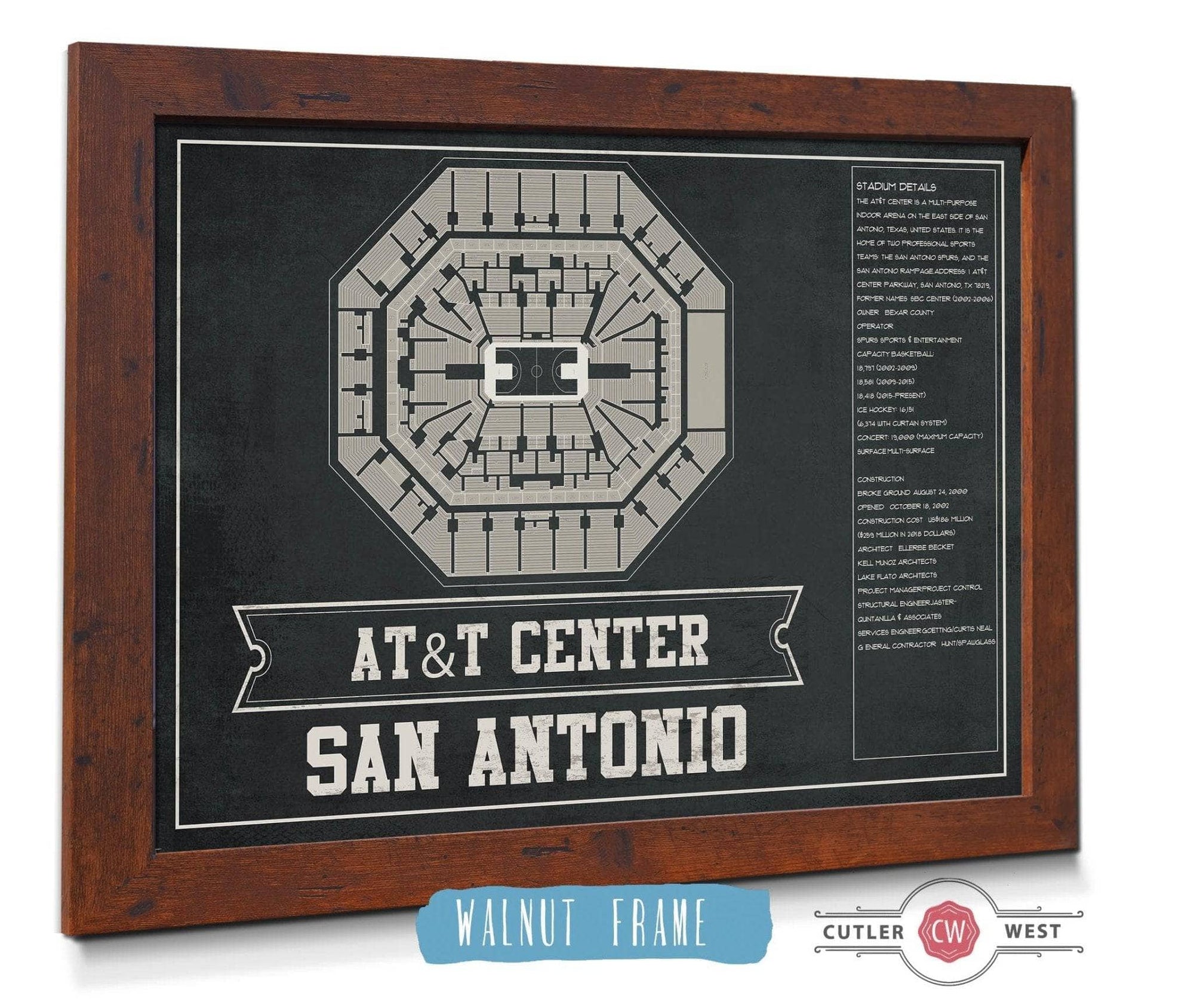 Cutler West Basketball Collection 14" x 11" / Walnut Frame San Antonio Spurs - AT&T Center Vintage Basketball Blueprint NBA Team Color Print 661242166-TEAM_77556