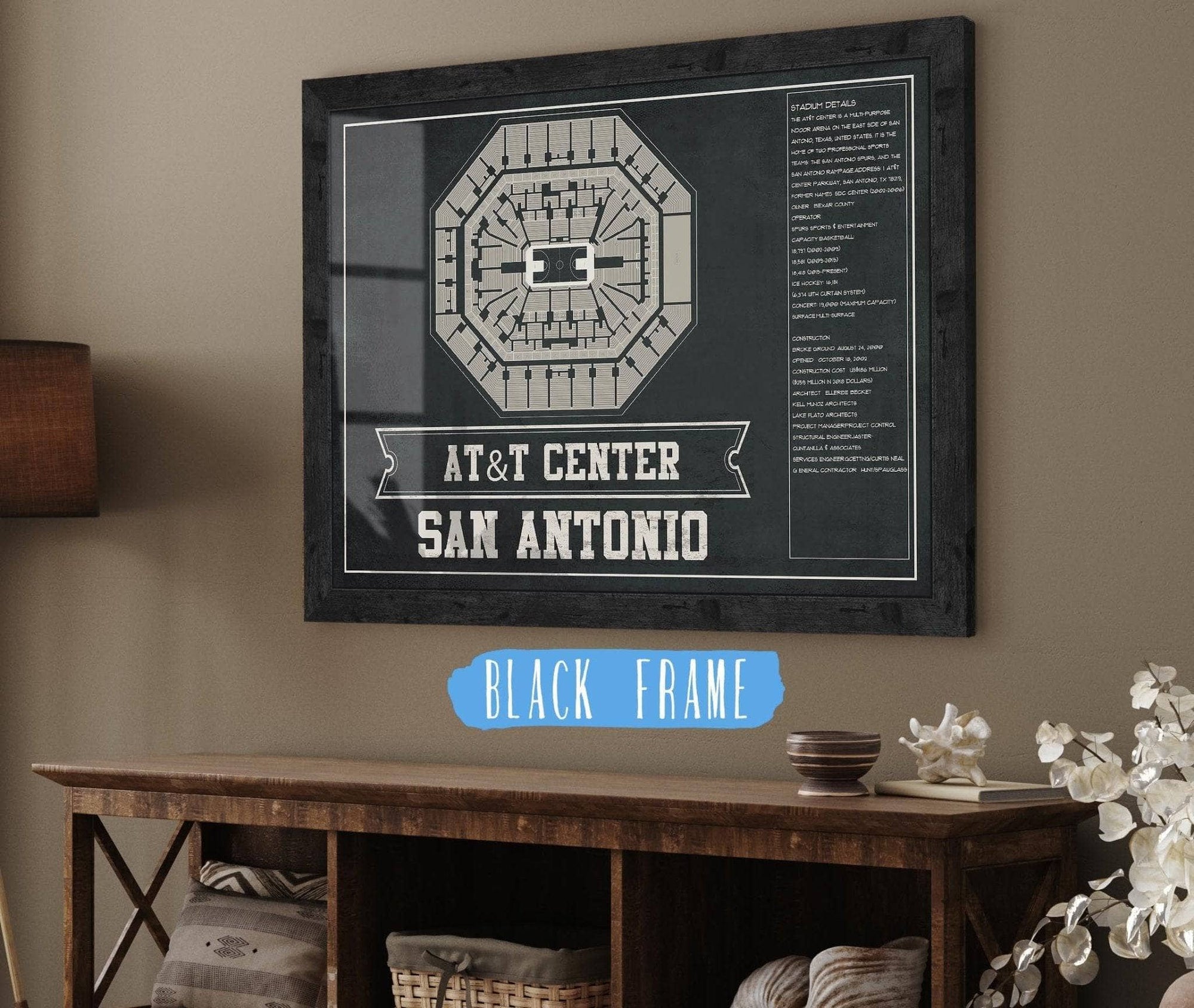 Cutler West Basketball Collection 14" x 11" / Black Frame San Antonio Spurs - AT&T Center Vintage Basketball Blueprint NBA Team Color Print 661242166-TEAM_77554
