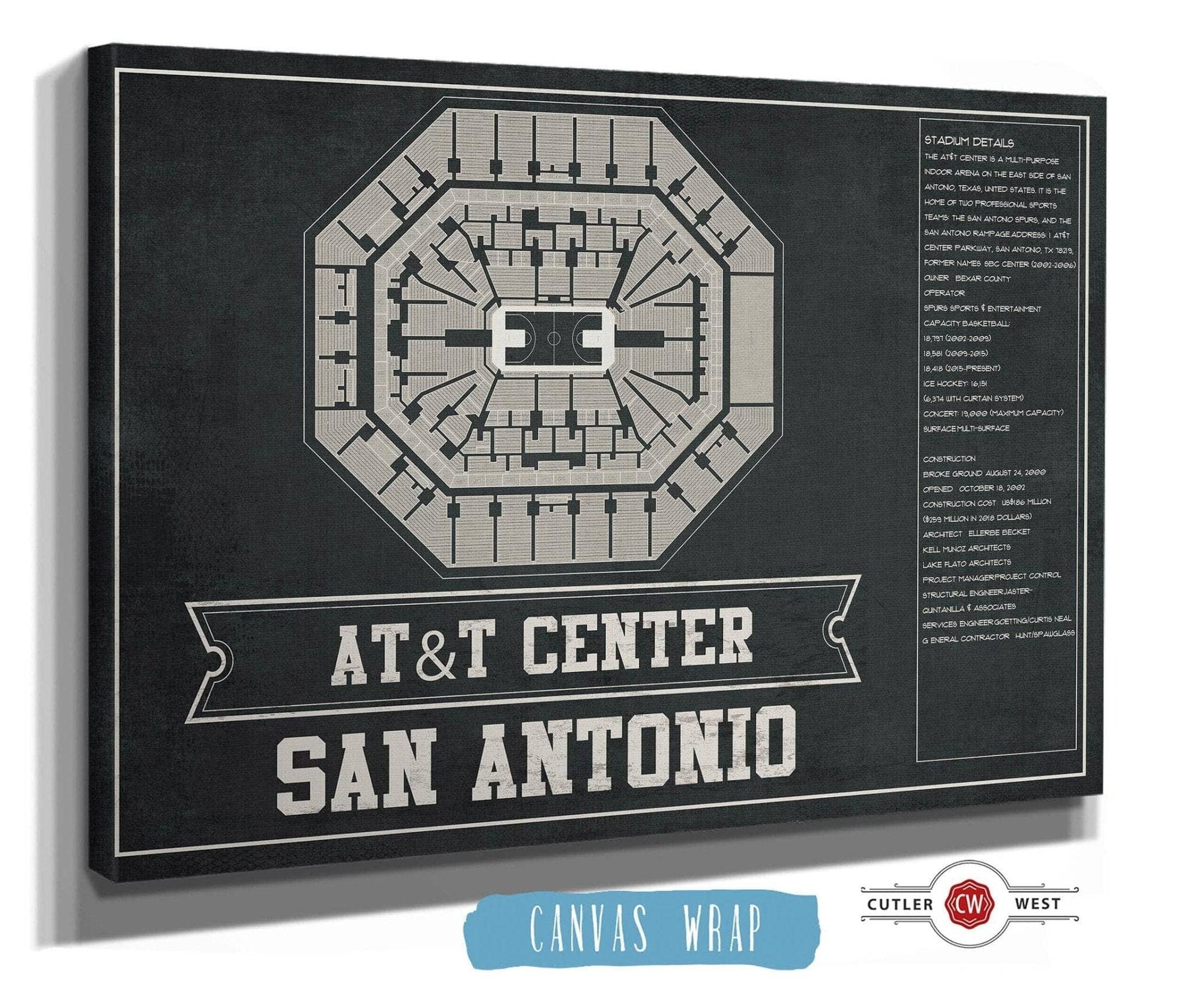 Cutler West Basketball Collection 14" x 11" / Stretched Canvas Wrap San Antonio Spurs - AT&T Center Vintage Basketball Blueprint NBA Team Color Print 661242166-TEAM_77558