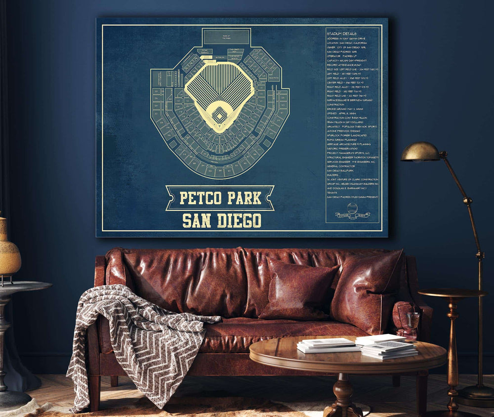 14" x 11" / Stretched Canvas Wrap Cutler West San Diego Padres - Petco Park Vintage Stadium Blueprint Baseball Poster