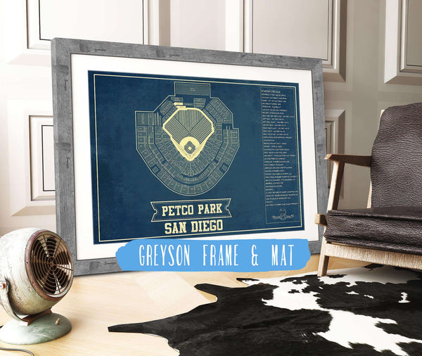 14" x 11" / Greyson Frame & Mat Cutler West San Diego Padres - Petco Park Vintage Stadium Blueprint Baseball Poster