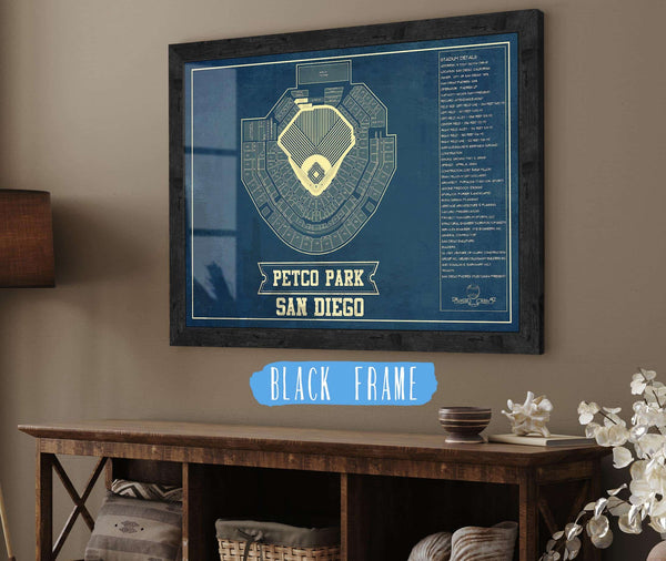 20" x 16" / Black Frame Cutler West San Diego Padres - Petco Park Vintage Stadium Blueprint Baseball Poster