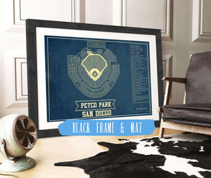 20" x 16" / Black Frame & Mat Cutler West San Diego Padres - Petco Park Vintage Stadium Blueprint Baseball Poster