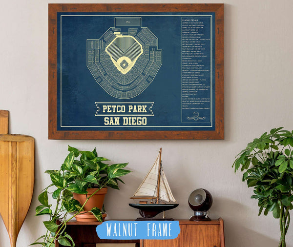 20" x 16" / Walnut Frame Cutler West San Diego Padres - Petco Park Vintage Stadium Blueprint Baseball Poster