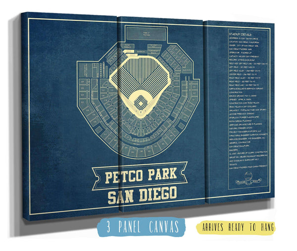 36" x 24" / 3 Panel Canvas Wrap Cutler West San Diego Padres - Petco Park Vintage Stadium Blueprint Baseball Poster