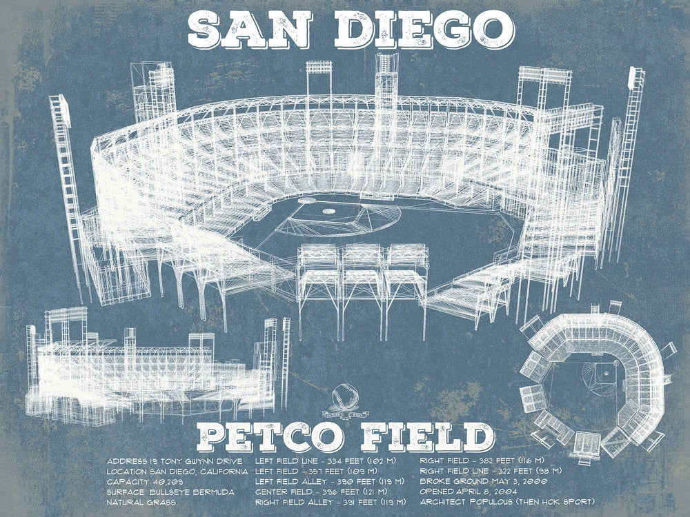 14" x 11" / Stretched Canvas Wrap Cutler West San Diego Padres - Petco Park Vintage Stadium Blueprint Baseball Print
