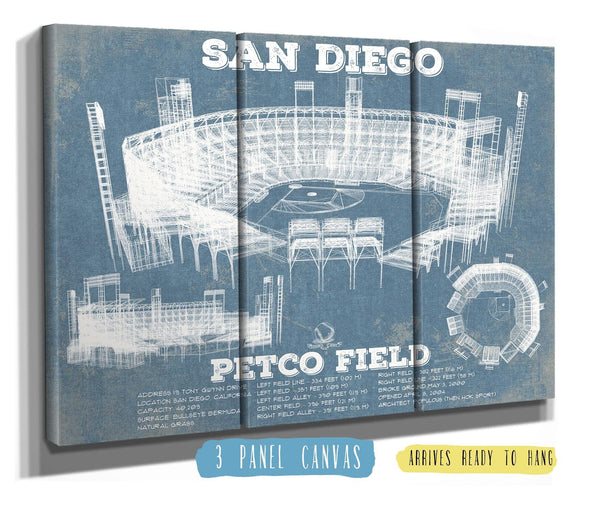 36" x 24" / 3 Panel Canvas Wrap Cutler West San Diego Padres - Petco Park Vintage Stadium Blueprint Baseball Print