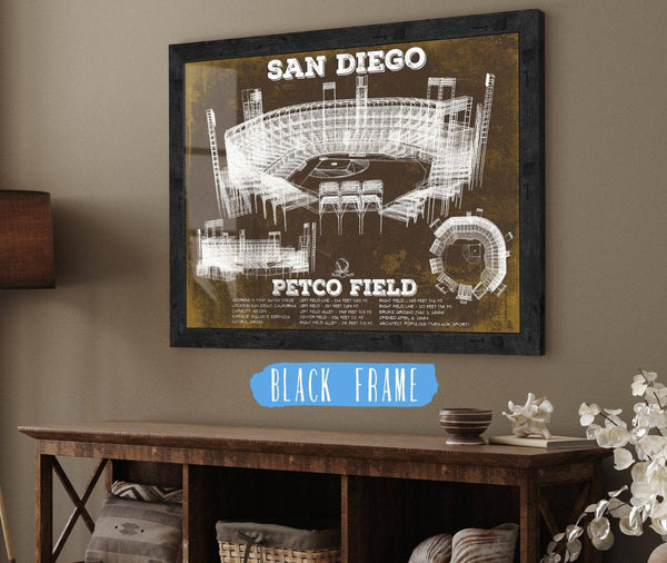 20" x 16" / Black Frame Cutler West San Diego Padres Petco Park Vintage Stadium Team Color Baseball Print