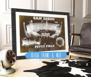 20" x 16" / Black Frame & Mat Cutler West San Diego Padres Petco Park Vintage Stadium Team Color Baseball Print