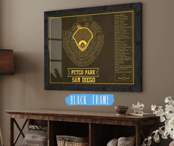 20" x 16" / Black Frame Cutler West San Diego Padres - Petco Park Vintage Stadium Team Color Baseball Seating Chart Print