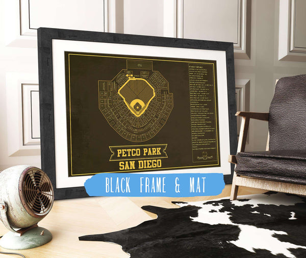 20" x 16" / Black Frame & Mat Cutler West San Diego Padres - Petco Park Vintage Stadium Team Color Baseball Seating Chart Print