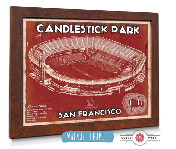 20" x 16" / Walnut Frame Cutler West San Francisco 49ers - Vintage Candlestick Park Football Print