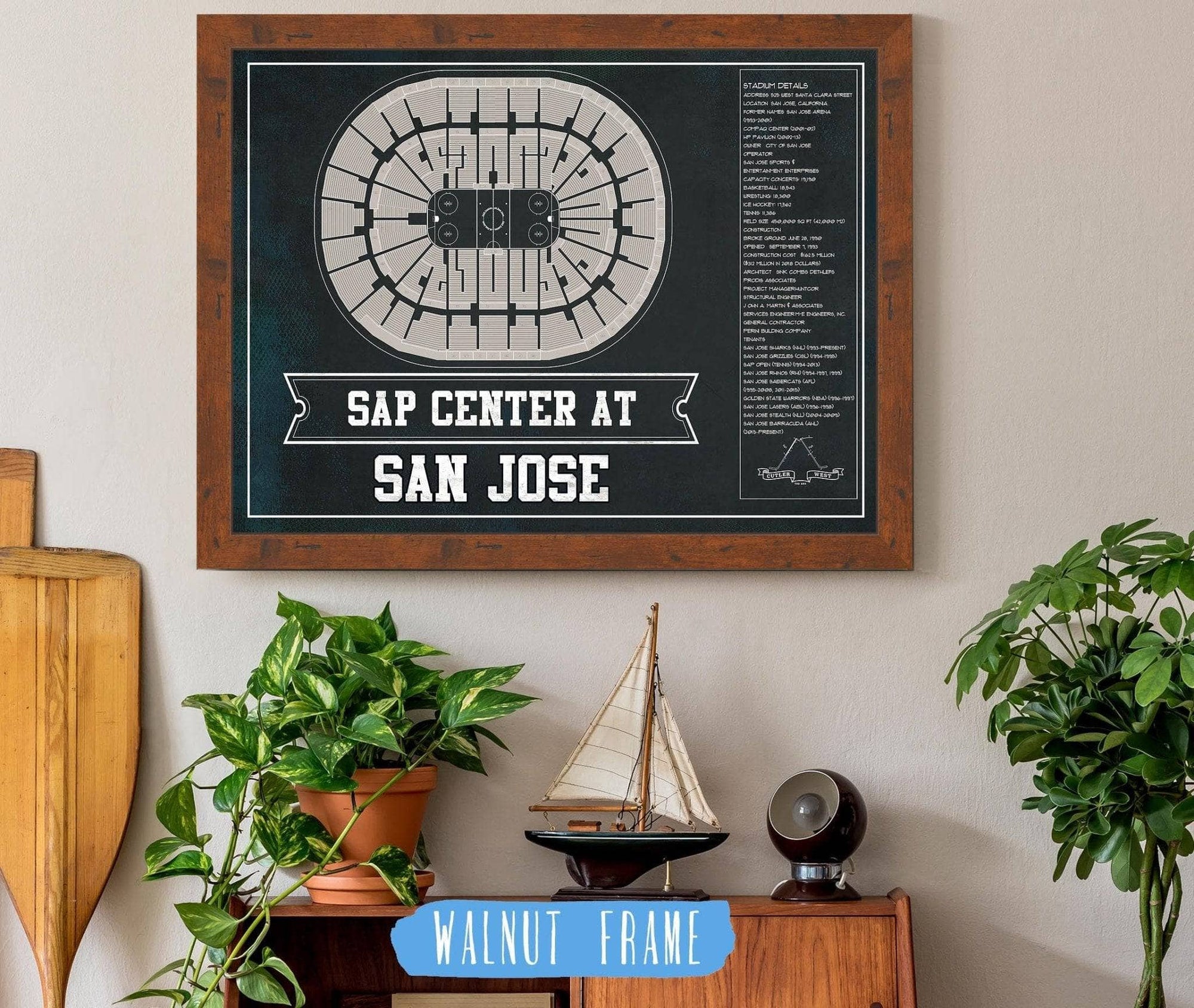 Cutler West San Jose Sharks Team Colors - SAP Center (San Jose Arena) Vintage Hockey Blueprint NHL Print