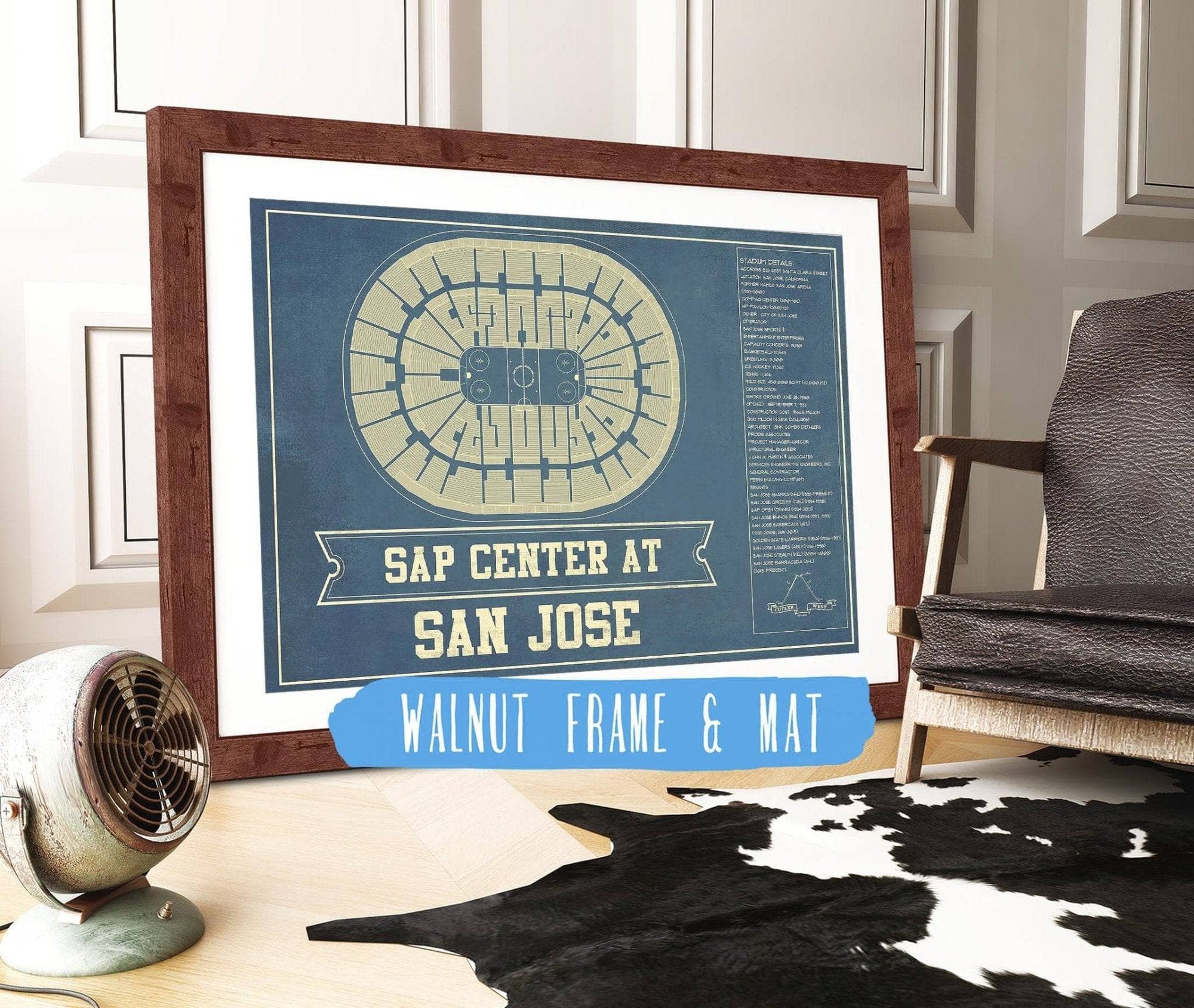 Cutler West 14" x 11" / Walnut Frame & Mat San Jose Sharks - SAP Center (San Jose Arena) Vintage Hockey Blueprint NHL Print 659983934_80988