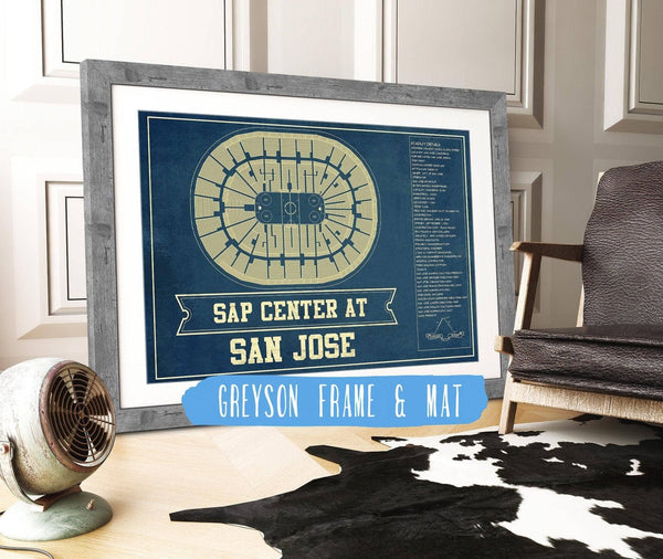 14" x 11" / Greyson Frame & Mat Cutler West San Jose Sharks - SAP Center (San Jose Arena) Vintage Hockey Blueprint NHL Print